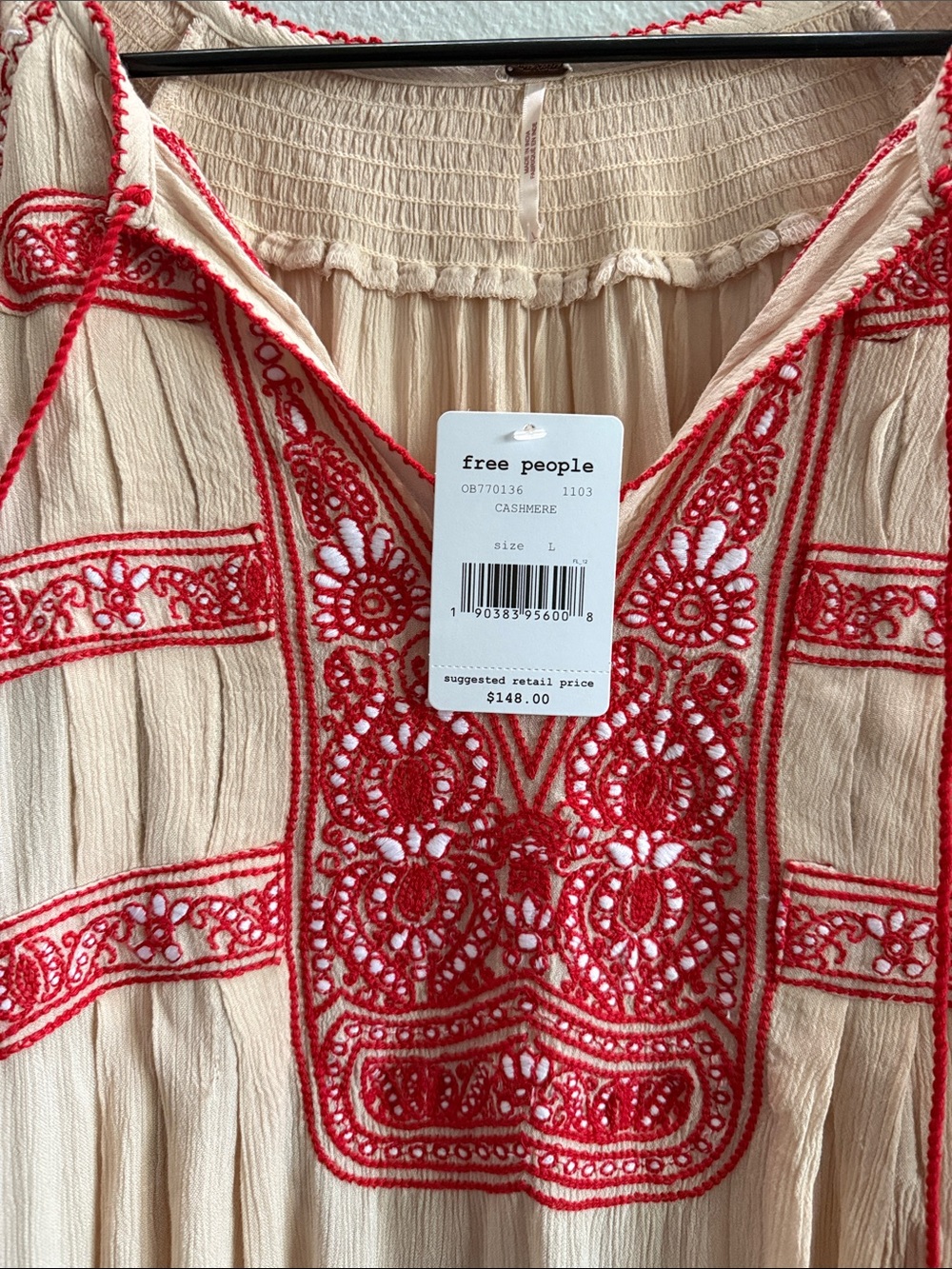 Free People Dress Large Wind Willow Mini Cream Red Embroidered Y2K Boho Hippie - Picture 5 of 13